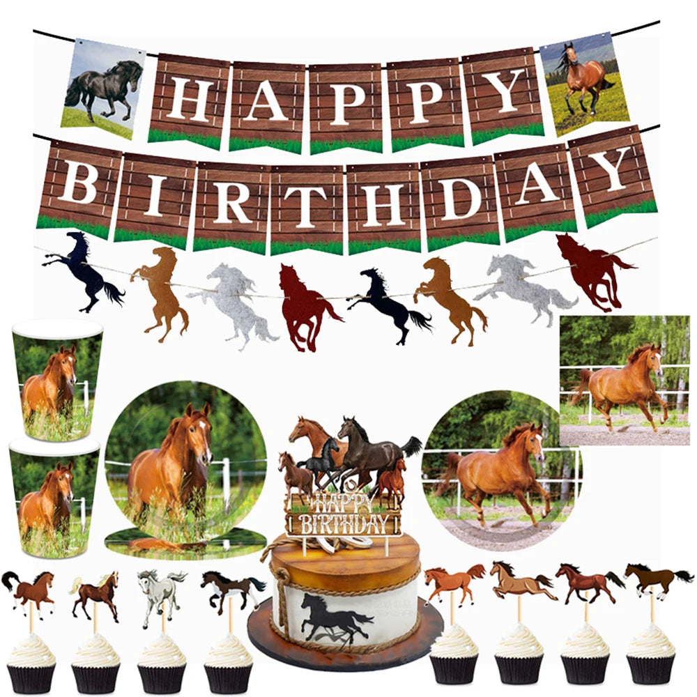 Horse Disposable Tableware Plates Tablecloth Horse Cake Topper Happy Birthday Banner Garland For Horse Birthday Party Decoration