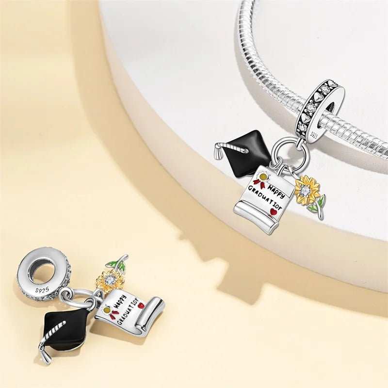 925 Sterling Silver Blue Enamel 2024 Graduation Heart Charm Graduation Cap Fit Pan Bracelet Student Collection Jewelry Gift