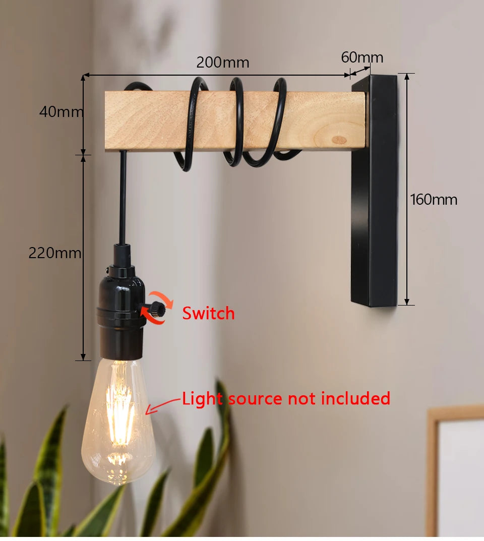 110V/220V Wall light With Switch Function Iron Wood Wall Lamp E27 Retro Wall Light Indoor Sconce Lamp Dining Room Bedside Lamp