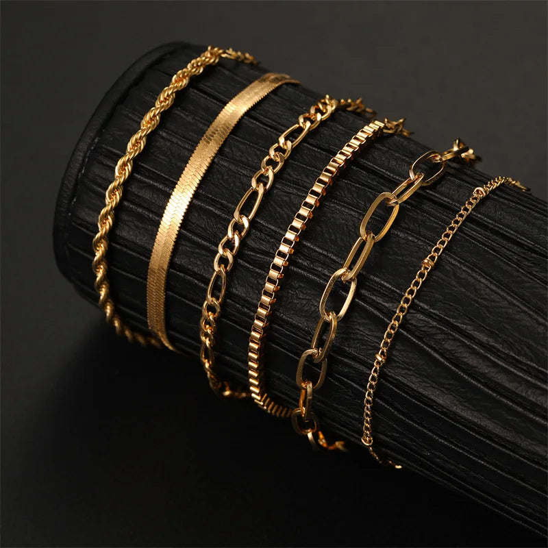 LATS 6Pcs Gold Color Bracelet Set Boho Retro Thick Twist Cuban Chain Bracelet for Women 2023 Trendy Quality Jewelry Gifts