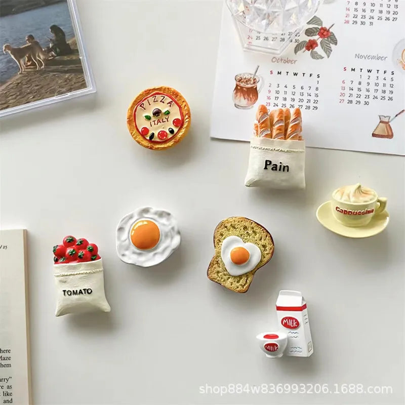 Creative Fridge Magnets Food Series 3D Simulation Eggs Bread Tomatoes On Sticks Breakfast Decoration Resin Refrigerator Sticker