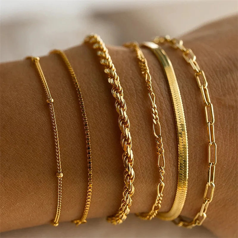 LATS 6Pcs Gold Color Bracelet Set Boho Retro Thick Twist Cuban Chain Bracelet for Women 2023 Trendy Quality Jewelry Gifts