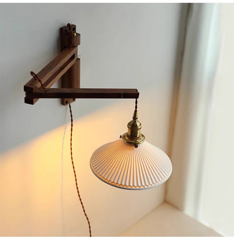 Vintage foldable solid wood walnut wood wall lamp wabi-sabi Japanese brass ceramic homestay bedroom bedside wall lamp