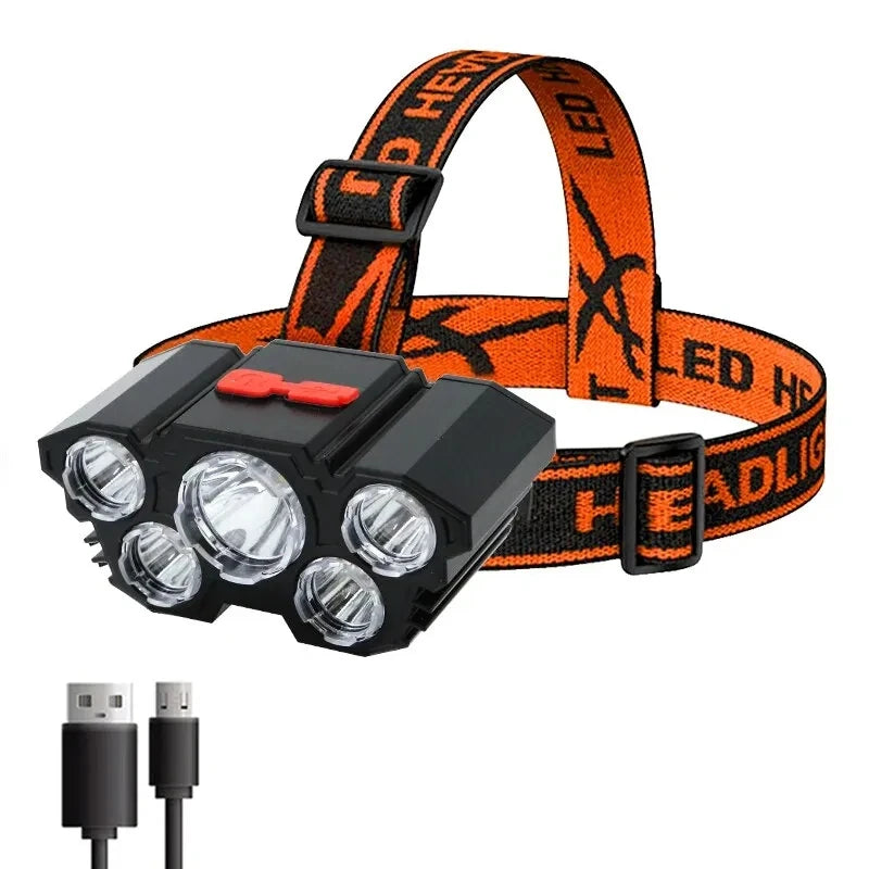 5 LEDs Headlamp Super Bright USB Rechargeable Built-in Battery Camping LED Headlight Waterproof Head Flashlight Fishing Lantern