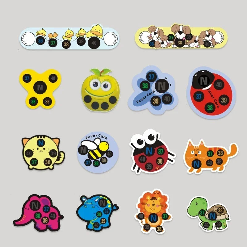 10Pcs Lovely Cartoon Animals Pattern Baby Thermometer Sticker Forehead Temperature Change Measurement Tape Range 35 To 40 Degree