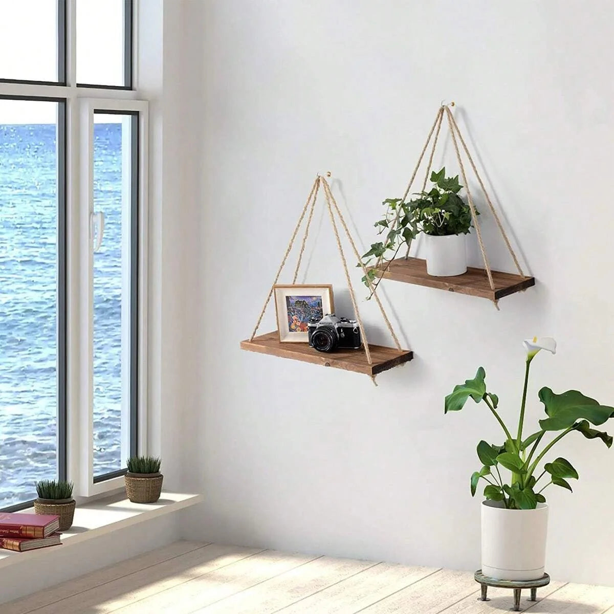 1PCS Wall decoration hanging rope flower pot storage rack wall hanging wooden storage rack, hanging decoration, home decoration