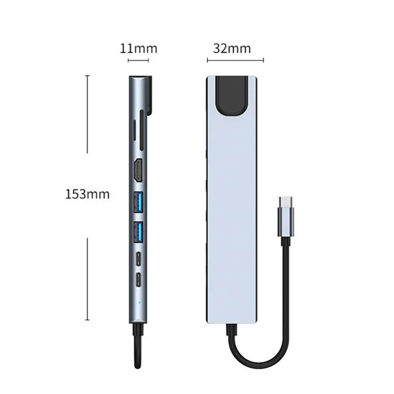 Type C Extender 8 in 1 USB HUB with HDMI Laptop Converter USB C to USB 3.0 2.0 Disk Ethernet Cable Card Reader and Charging Dock