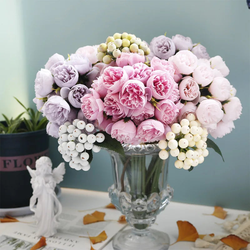 Rose Pink Peony Artificial Flowers Silk Bouquet 27heads Roses Fake Flower for Table Vase Arrange Home Wedding Decoration Flowers