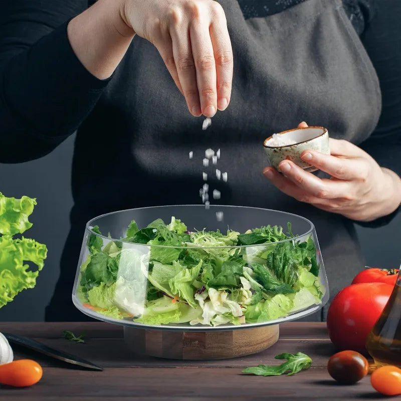 Extra Large Glass Salad Bowl Set - Salad Bowls for Party with Acacia Wood Base and Salad Serving Utensils - Elegant