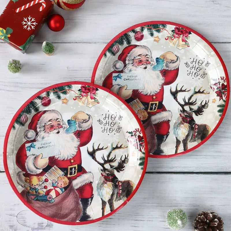 Christmas Party Disposable Tableware Santa Elk Paper Plates Paper Cups Merry Christmas Decorations 2024 For Home Xmas Ornaments