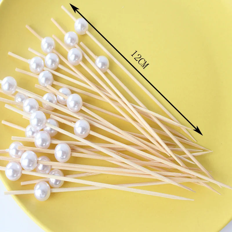 100Pcs Wedding Pearl Disposable Bamboo Skewers Wooden Cocktail Picks Fruit Picks Snack Fork Skewer Wedding Party Supplies