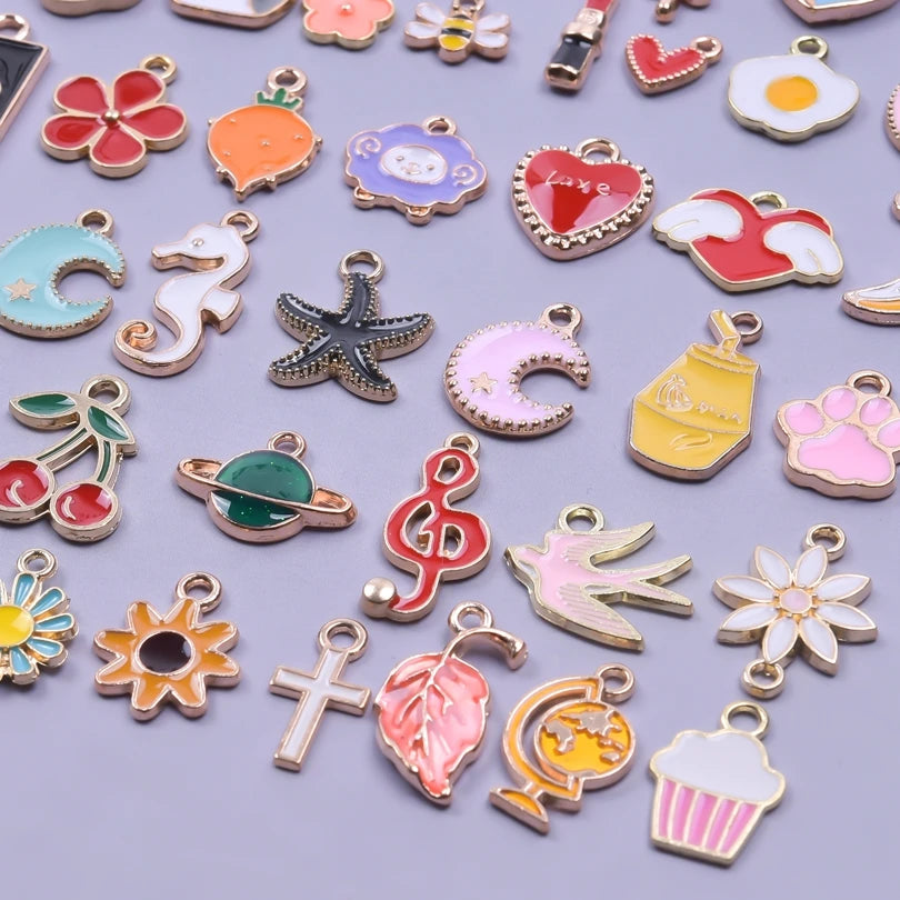 30/50/100PCS Mixed Gold Color Alloy Enamel Cute Heart Flower Fruit Charms Pendant For DIY Earrings Bracelet Jewelry Accessories