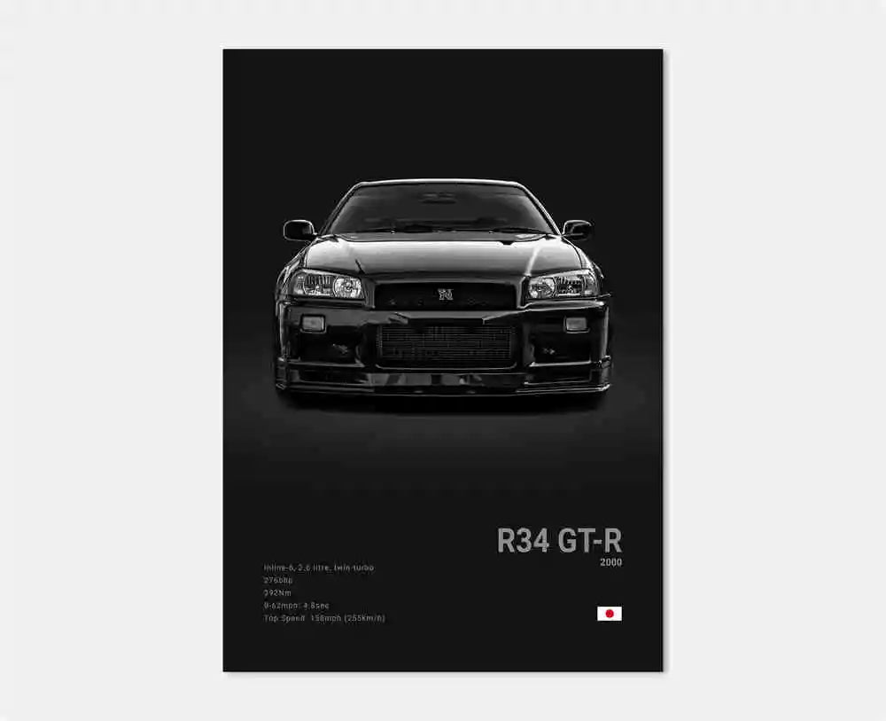 Pop Black and White Japan Cars Luxury Super Sport Car Poster Aesthetic R34 Gtr 240sx Canvas Print for Wall Art Garage Room Decor