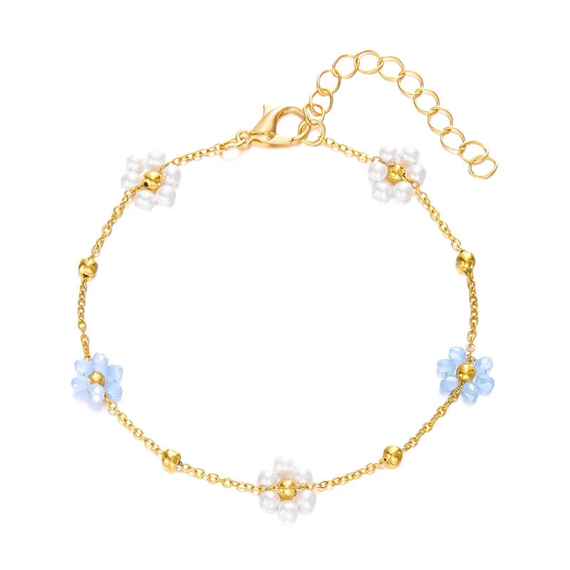 Sweet Cute Crystal Pearl Flower Bracelets for Women Fashion Gold Color Chain Charm Bracelet Necklace Jewelry Wholesale