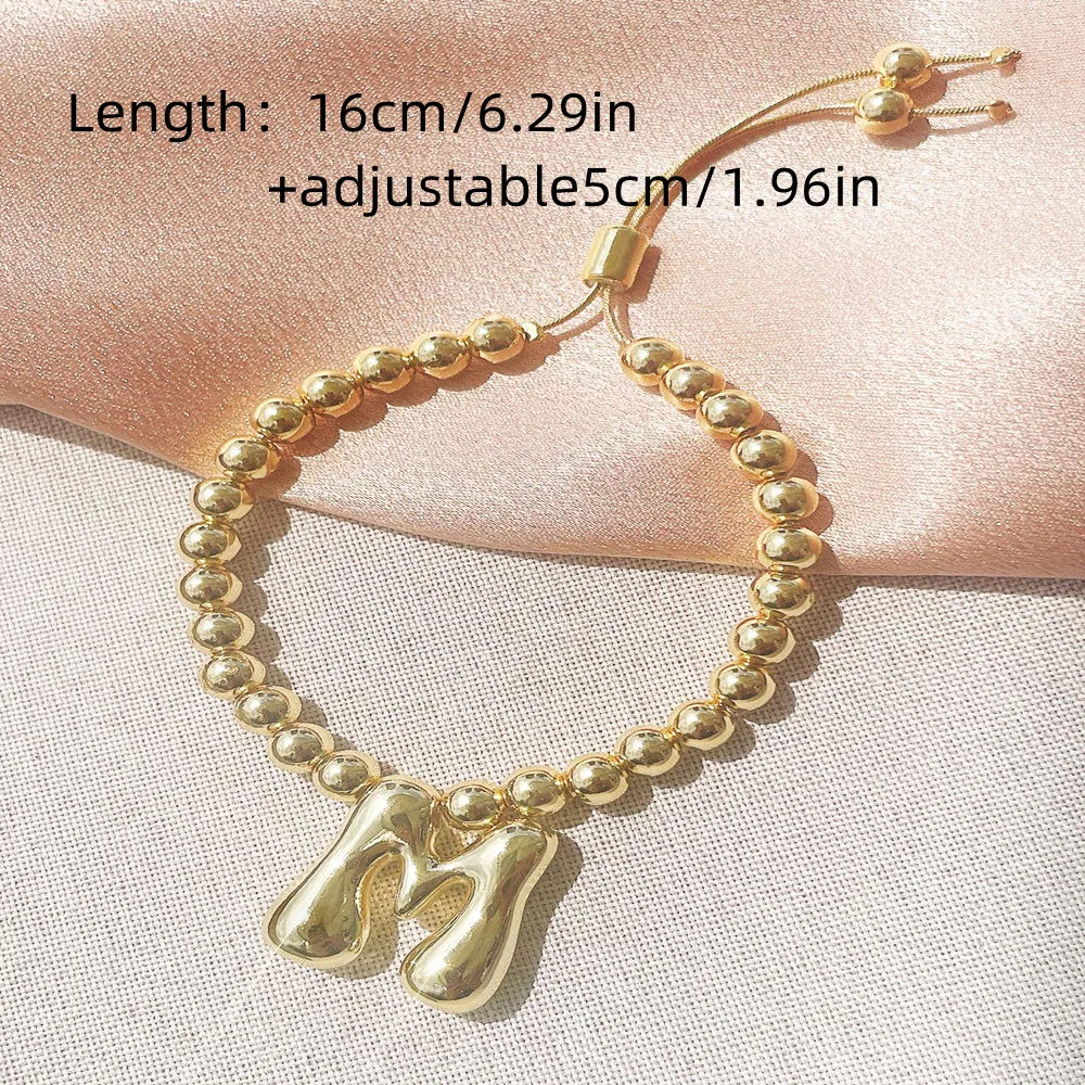 Vintage Chubby Balloon Bubble Initials Gold Plated A-Z Letters Copper Beads Elastic Gold Handmade Beaded Bracelet Women Jewelry