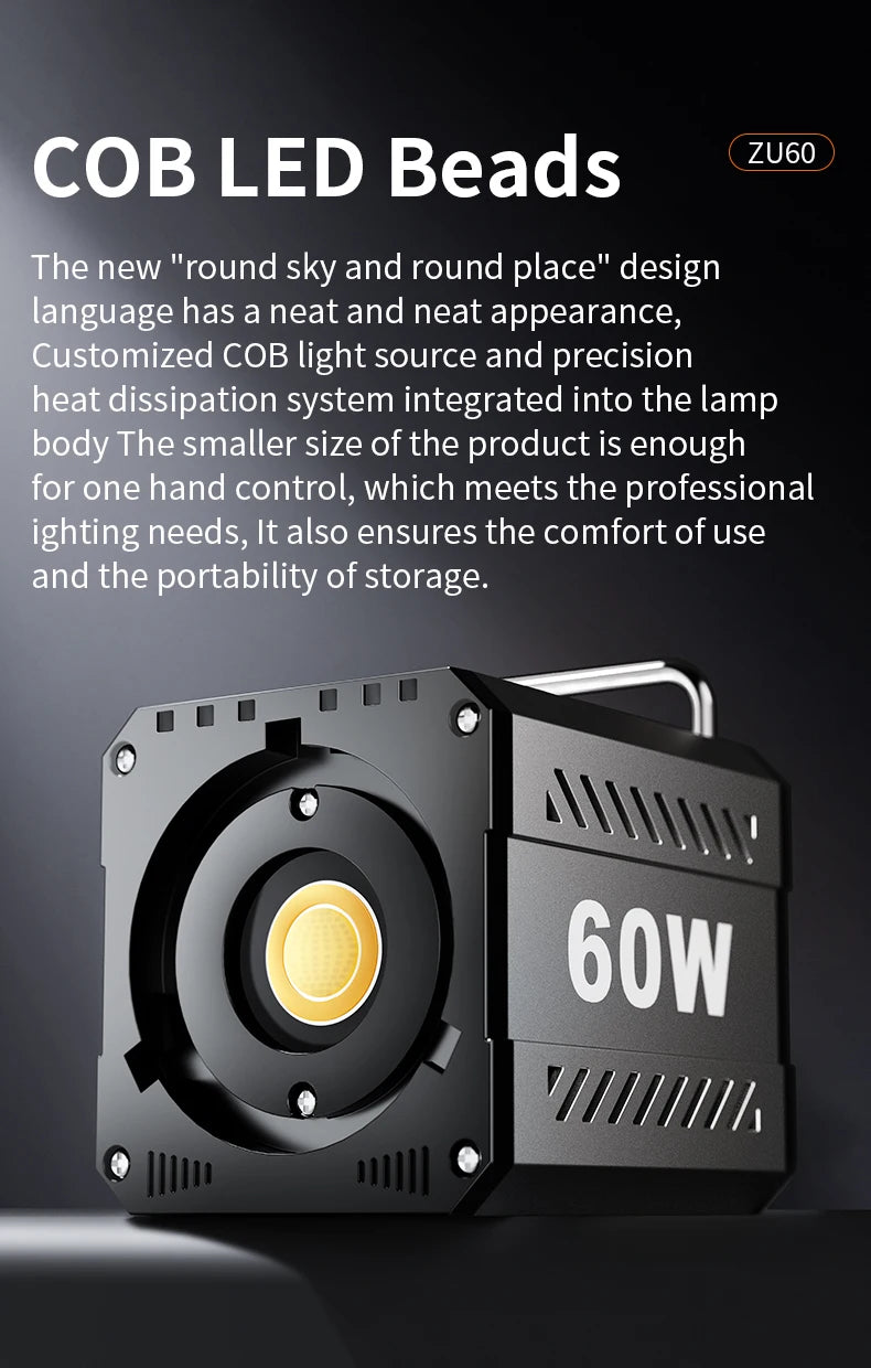 Bi-Color Camera Light 400g Portable 60W COB Continuous Output Lighting CRI≥90 TLCI≥97 Handheld Indoor Outdoor Photography Lights