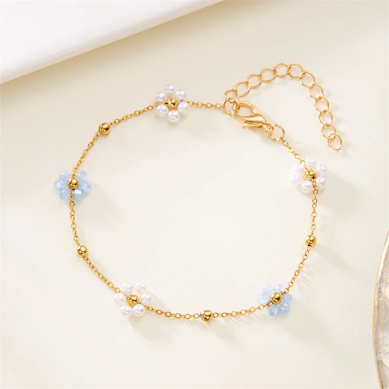 Sweet Cute Crystal Pearl Flower Bracelets for Women Fashion Gold Color Chain Charm Bracelet Necklace Jewelry Wholesale