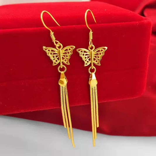 High quality gold 24K tassel butterfly earrings 999 long AU999 earrings for women pure gold metal stamps