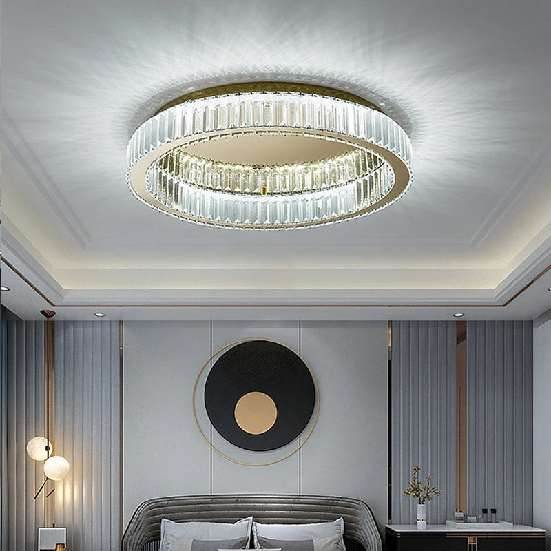 Modern interior living room luxury gold round crystal ceiling light indoor home lighting ceiling light ring glossy LED light