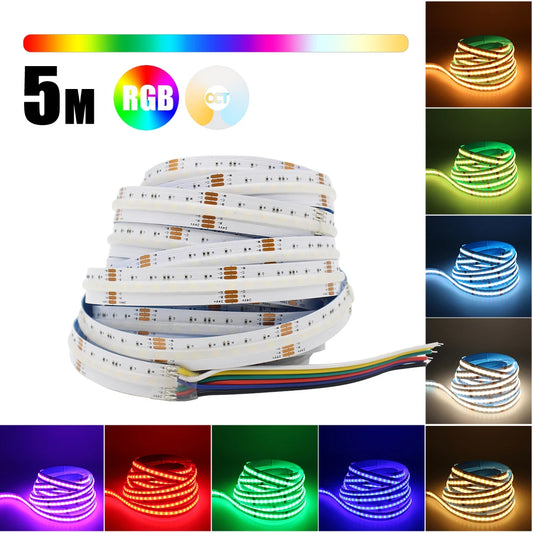 5M RGBCCT COB LED Strip Light DC 24V 840LEDs/m RGB CCT Dotless Flexible FCOB LED Tape Ribbon Lamp for Room Decoration Lighting