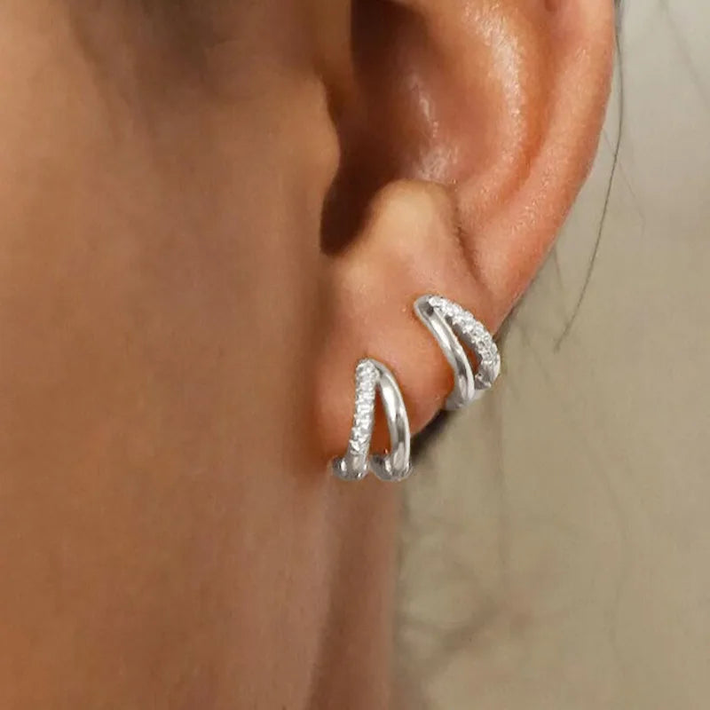 2Pcs Stainless Steel Double Ring Huggie Hoop Earrings For Women Simple Vintage Crystal Zirconia Earring Unisex Punk Rock Jewelry