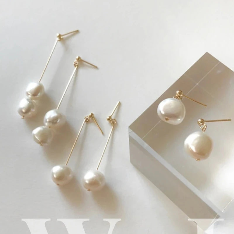 Minar Delicate Irregular Freshwater Pearl Earring For Women Gold Color Metal Hanging Drop Earrings Statement French Jewelry 2023