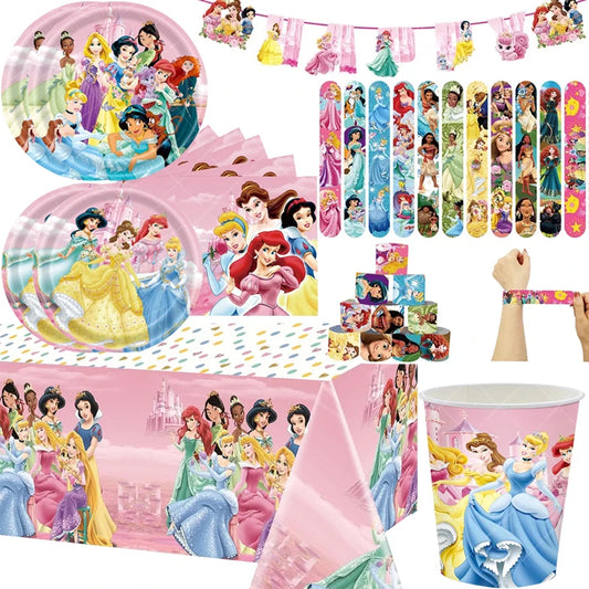 Disney Princess Theme Party Decorations Disposable Tableware  Girl Birthday Party Supplies Princess Cup Plate Tablecloth Set