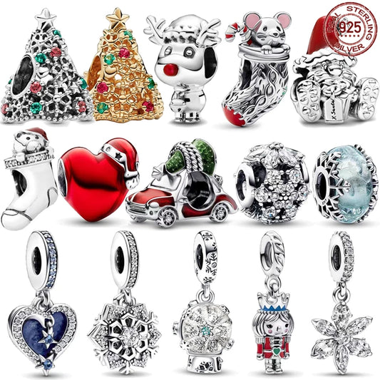 Christmas Series New 925 Sterling Silver Socks Mouse Elk Christmas Tree Pendant fit Original Pandora Bracelet DIY Gift