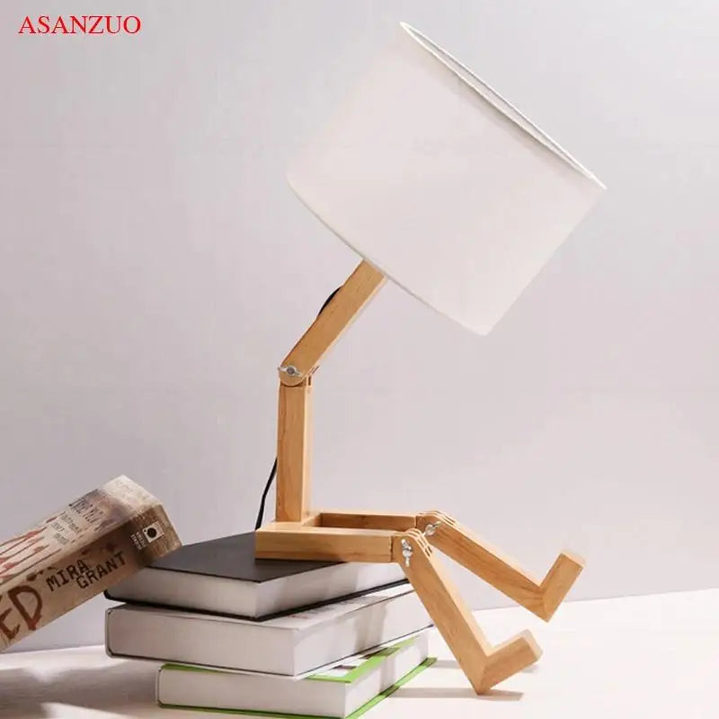 Wooden Robot Shaped Table Lamp Art Decor Home Living Room Bedroom bedside lamps Study Desk Lamp E14 Wood Luminaires