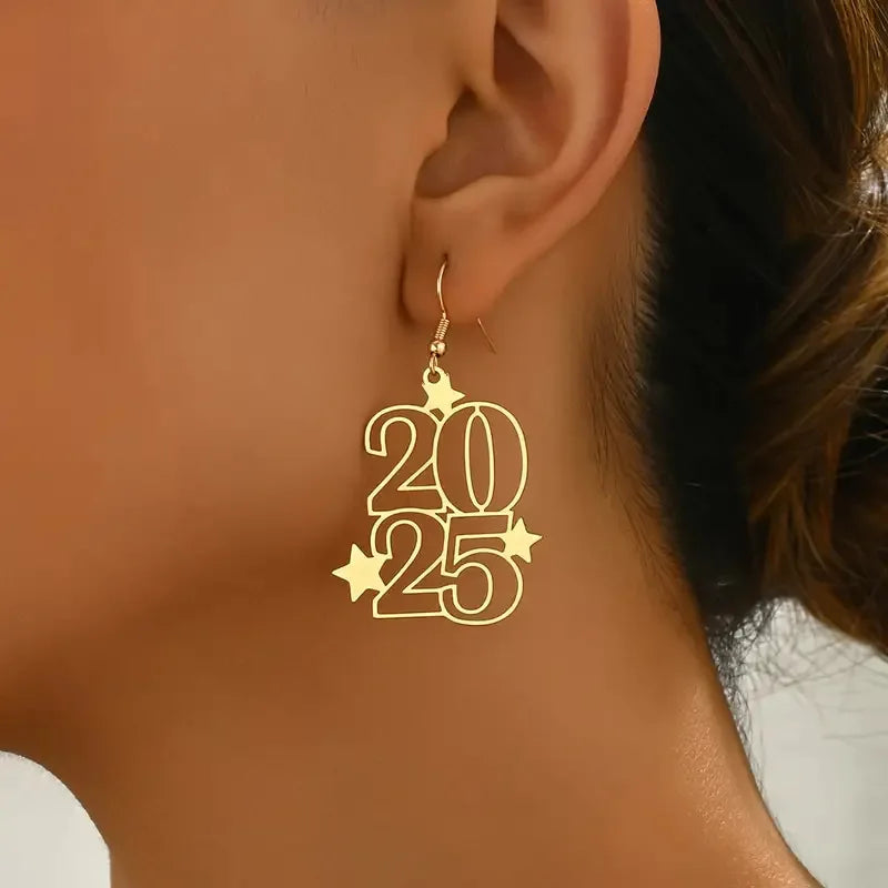 New Creative Gloden Number 2025 Dangle Earrings for Women Fashion New Year Earring for Party