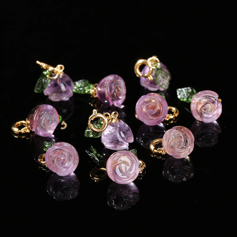 1 Pc Natural Amethyst Rose Flower Shape Copper Buckle Pendant Quality Charm For Jewelry Making Diy Necklace Bracelet Accessory