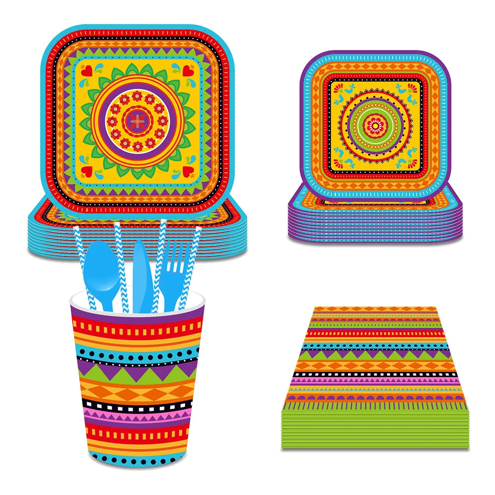 Mexican Birthday Party Supplies Set Plates Cups Napkins Tablecloth Banner for Cinco de Mayo Fiesta Themed Party Decorations