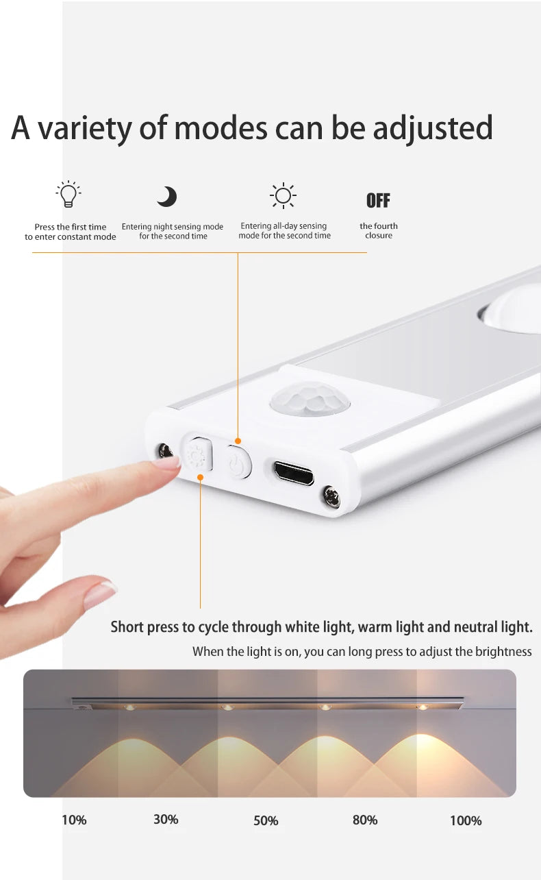 Cabinet Light USB Rechargeable Motion Sensor Ultra-thin Night Light for Kitchen Wardrobe Cabinet Lighting 20CM/30CM/40CM/50CM