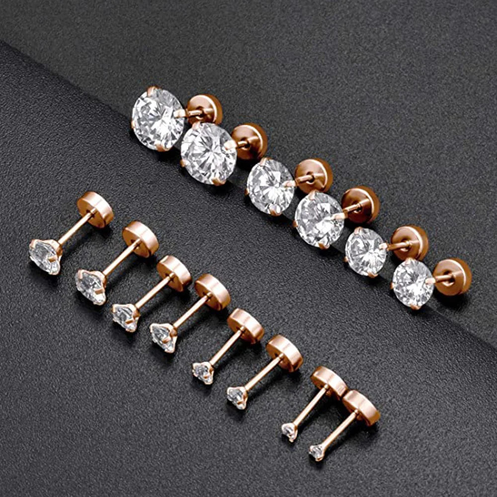 1Pair Stainless Steel Crystal Flat Studs Women Men Bar Screw Back Tragus Round Clear Cubic Zirconia Piercing Earrings Jewelry