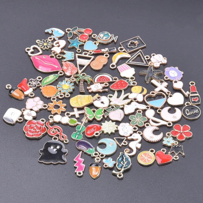 30/50/100PCS Mixed Gold Color Alloy Enamel Cute Heart Flower Fruit Charms Pendant For DIY Earrings Bracelet Jewelry Accessories