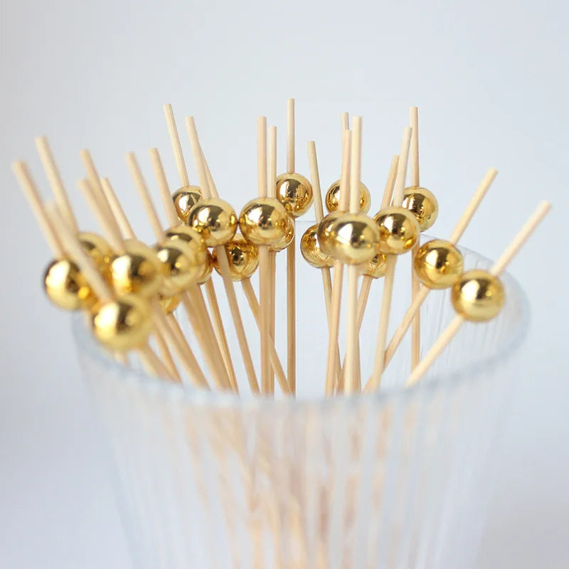 100Pcs Wedding Pearl Disposable Bamboo Skewers Wooden Cocktail Picks Fruit Picks Snack Fork Skewer Wedding Party Supplies