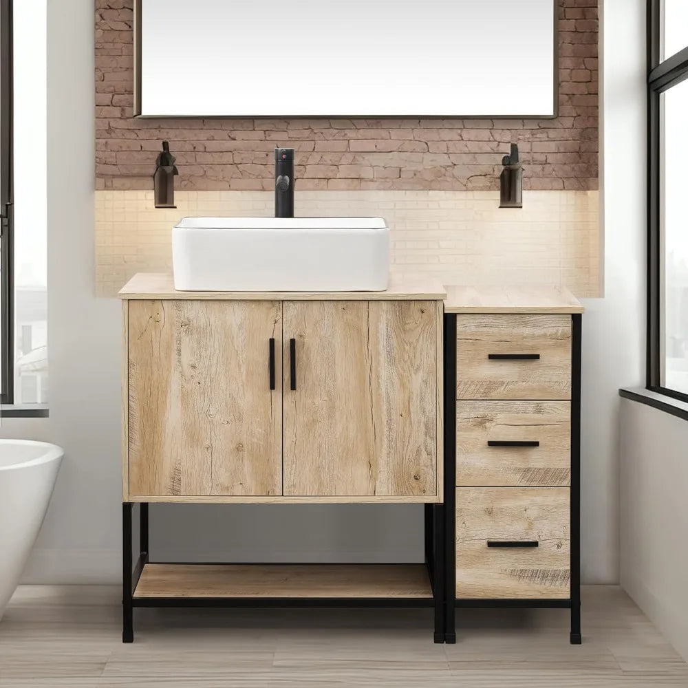 Bathroom Vanity Sink Combo,Industrial Iron Frame Bathroom Cabinet Sets with 3 Drawers Side Cabinet,Artistic Ceramic Vessel Sink