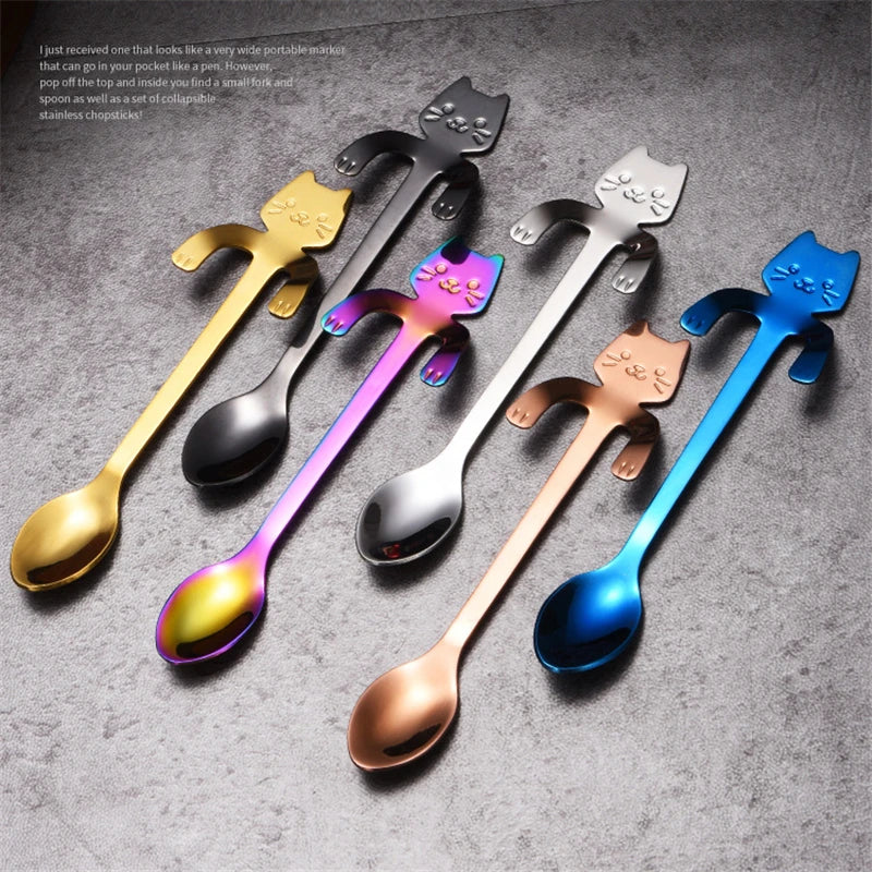 Stainless Steel Coffee Spoon Lovely Cute Cat Shape Teaspoon Dessert Snack Scoop Ice Cream Mini Spoons Tableware Kitchen Tools