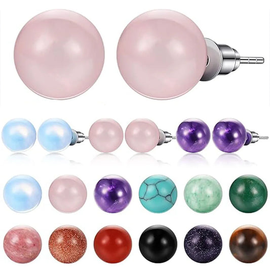 Natural Stone Crystal Round Ball Beads Studs Crystals Gemstone Amethyst Rose Quartz Agate Fashion Earrings Jewelry for Women