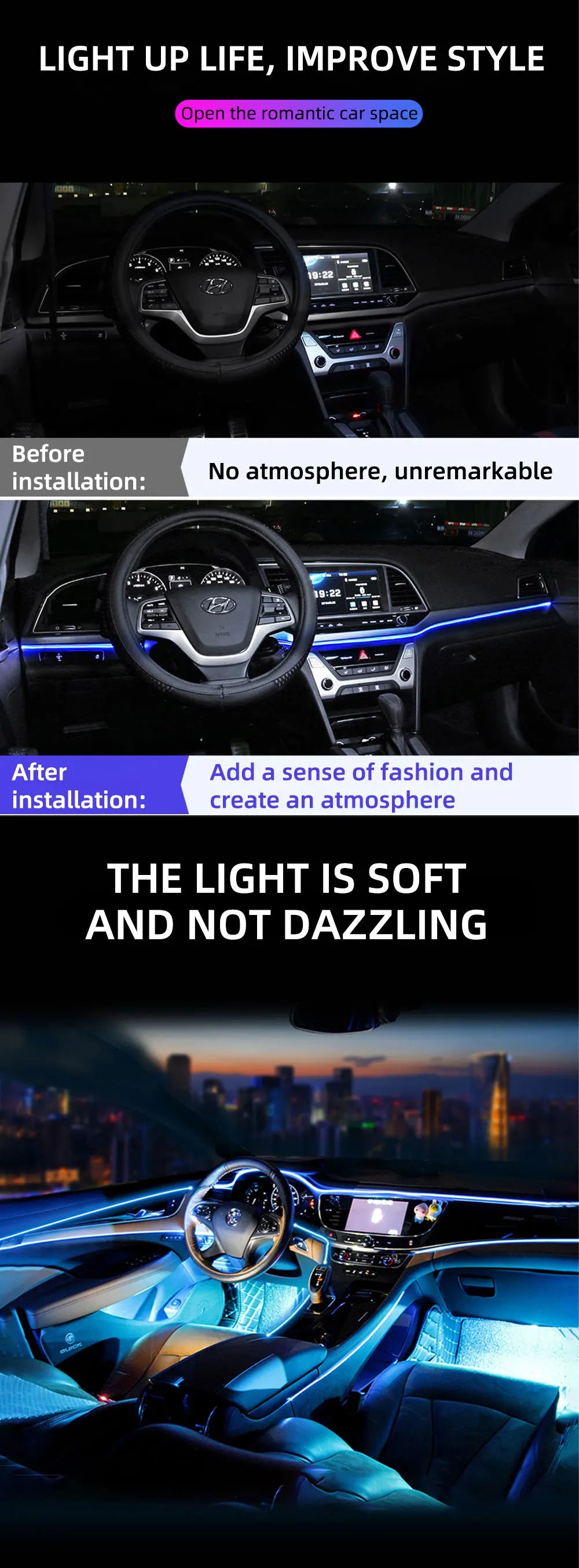 5M EL Wiring Neon Strip with USB LED Car Interior Decoration Light DIY Flexible Ambient Light Car LED Strip Soft Rope Tube