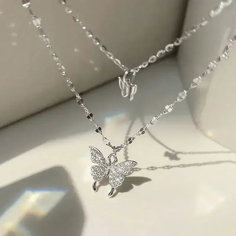 1PC Double Layer Butterfly Necklace for Women, Lats Sparkling Collar Chain, Exquisite Jewelry, Banquet Party, Holiday Gift,