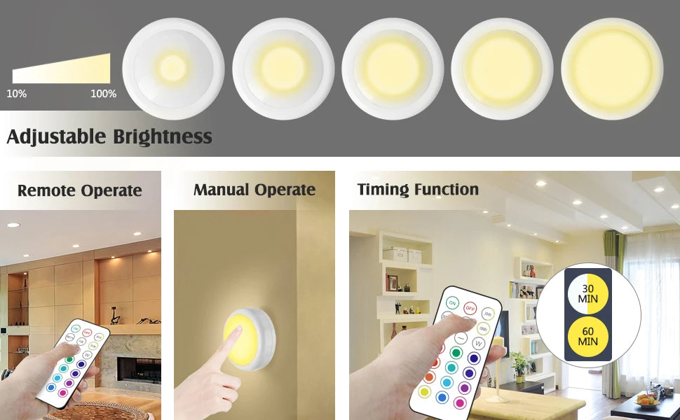 RGB LED Puck Lights with Remote Battery Powered Interior Closet Under Cabinet Light Lamp for Kitchen Bedroom Wardrobe Decoration