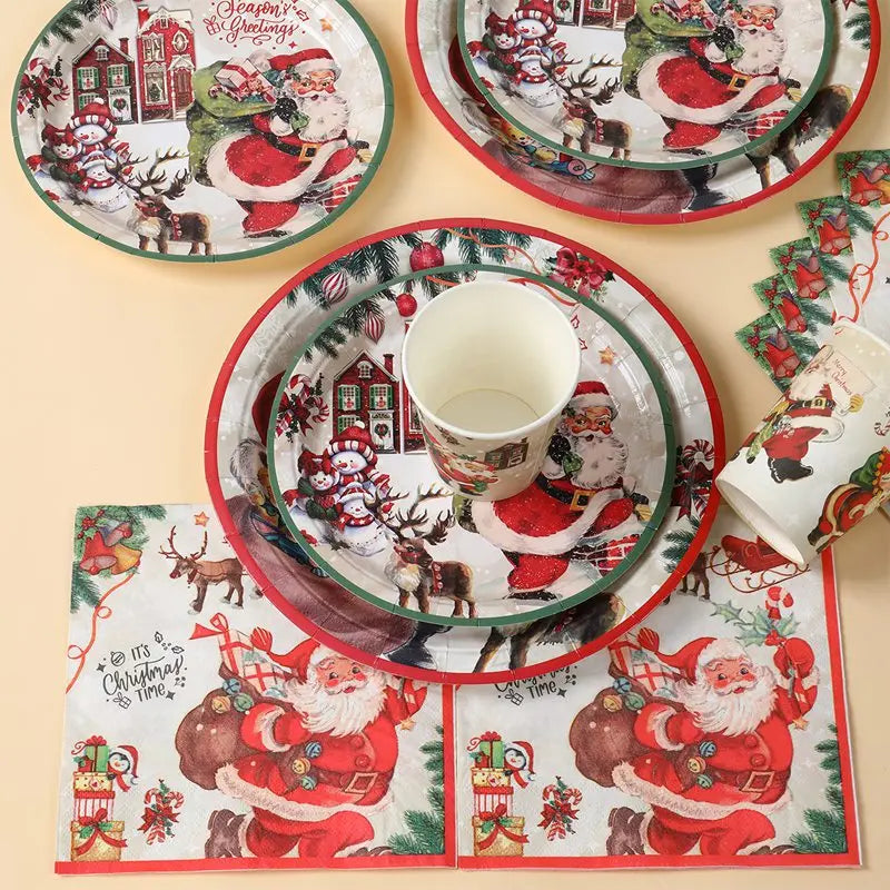 Christmas Party Disposable Tableware Santa Elk Paper Plates Paper Cups Merry Christmas Decorations 2024 For Home Xmas Ornaments