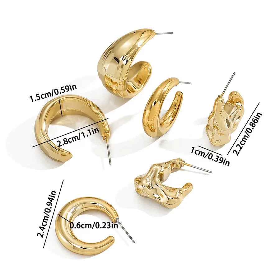 6Pcs Classic Geometry Glossy Ccb Gold Plated Waterdrop C Shape Hoop Earrings Set for Women Teens Vintage Daily Wear Ear Jewelry