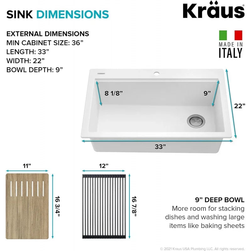 KGTW1-33WH Bellucci Composite Single Bowl Drop-In Kitchen Sink with Accessories, White