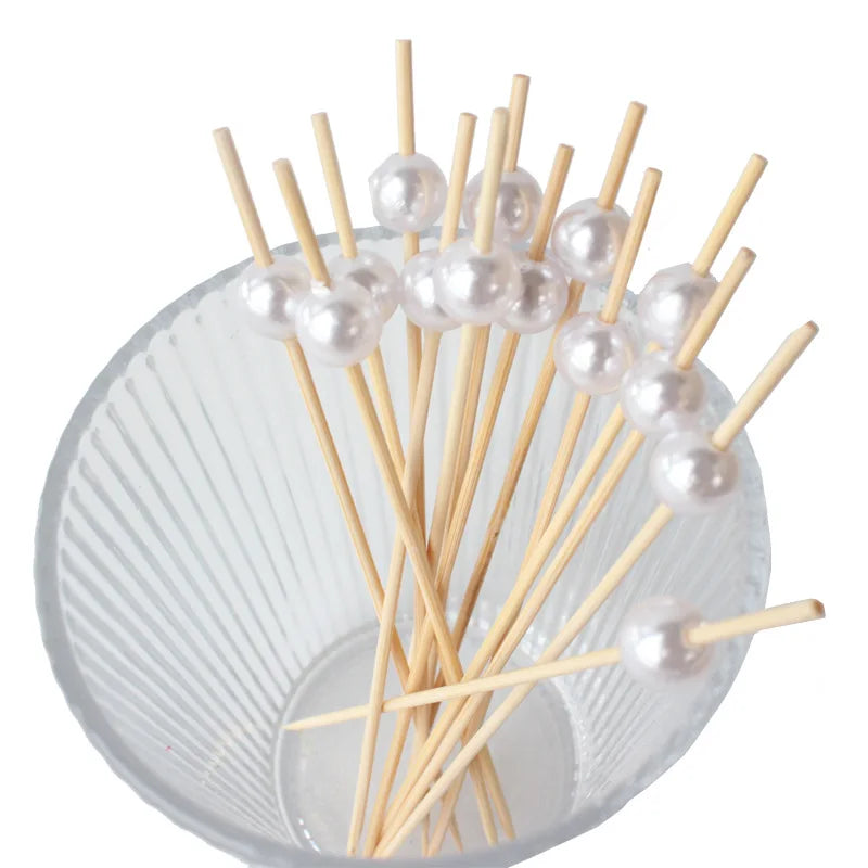 100Pcs Wedding Pearl Disposable Bamboo Skewers Wooden Cocktail Picks Fruit Picks Snack Fork Skewer Wedding Party Supplies