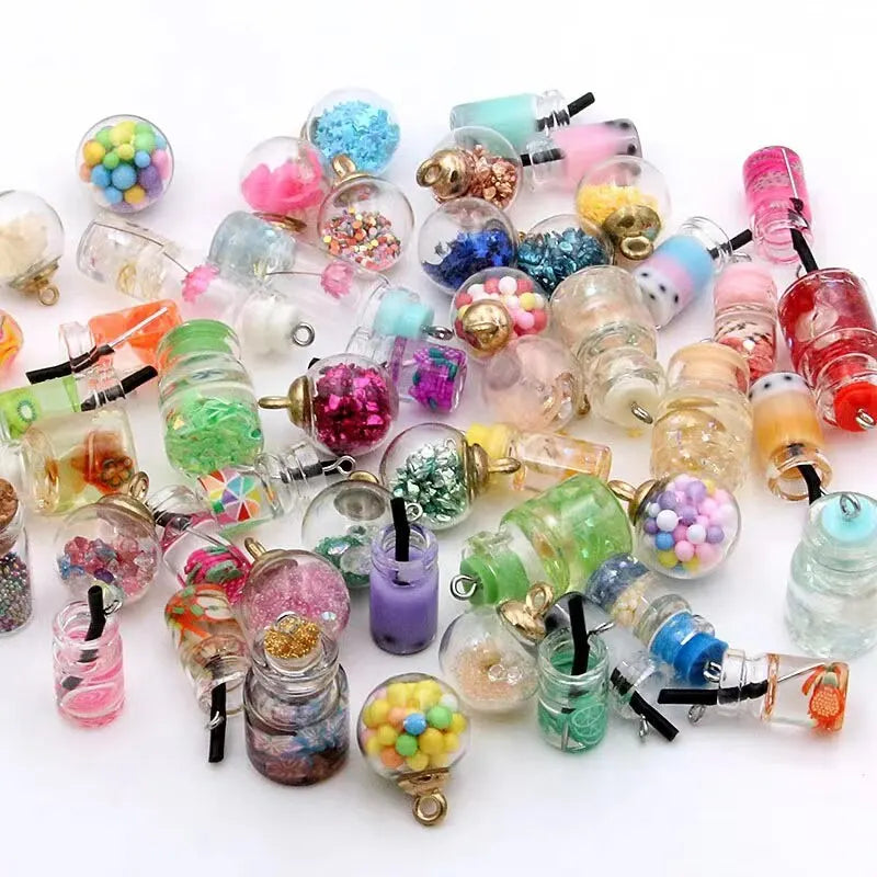 10PCS Glass Bottles Bubble Tea Cup Styles Mix Ball Earring Charms DIY Findings Keychain Bracelets Pendant For Jewelry Making