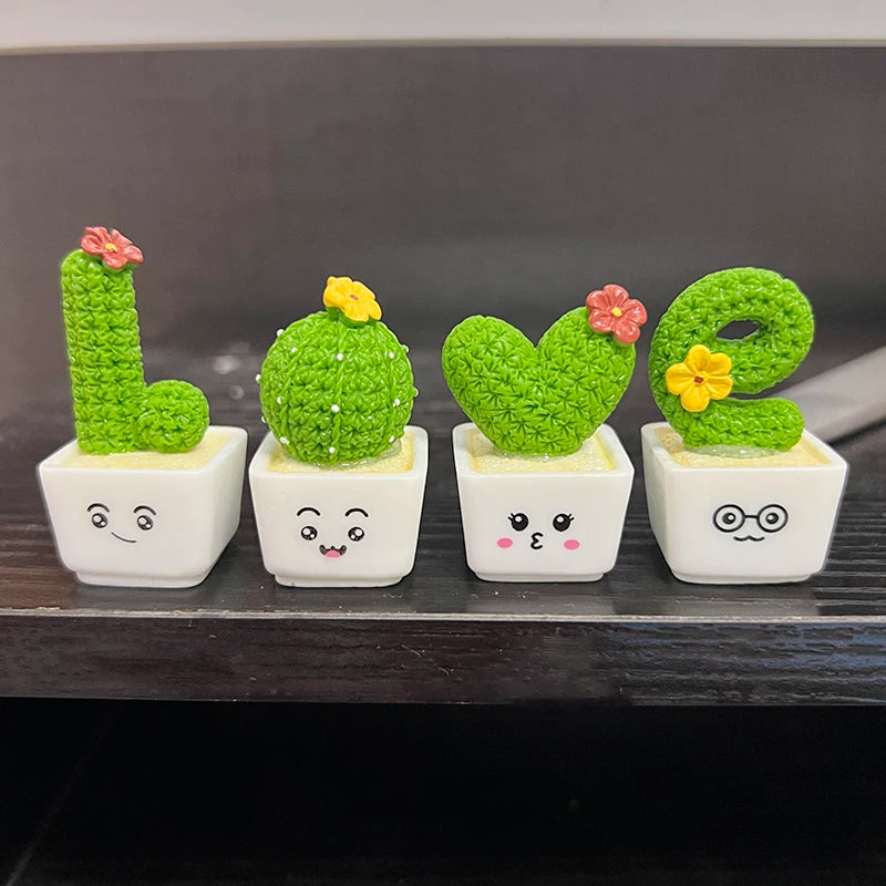 4Pcs/set Resin Succulent Cactus Mini Green Plant Bonsai Small Tree Pot Car Office Home Living Room Decoration Wedding Party Gift