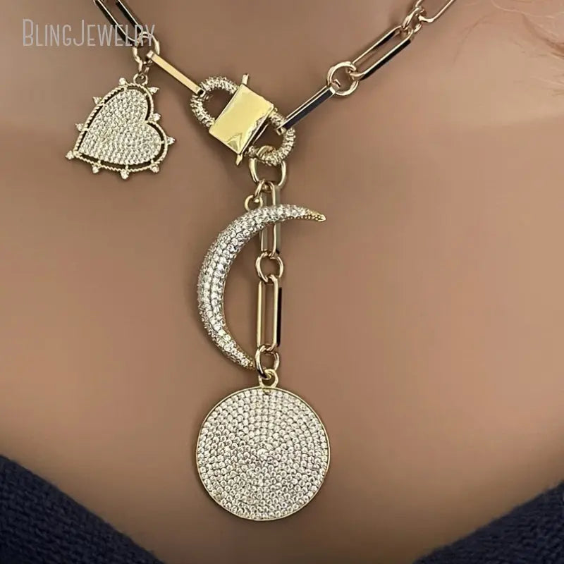 10pcs Gold Color Silver Plated Charm Necklace Crescent Moon Heart Stainless Steel Cable Chain Jewelry Women Collare Choker