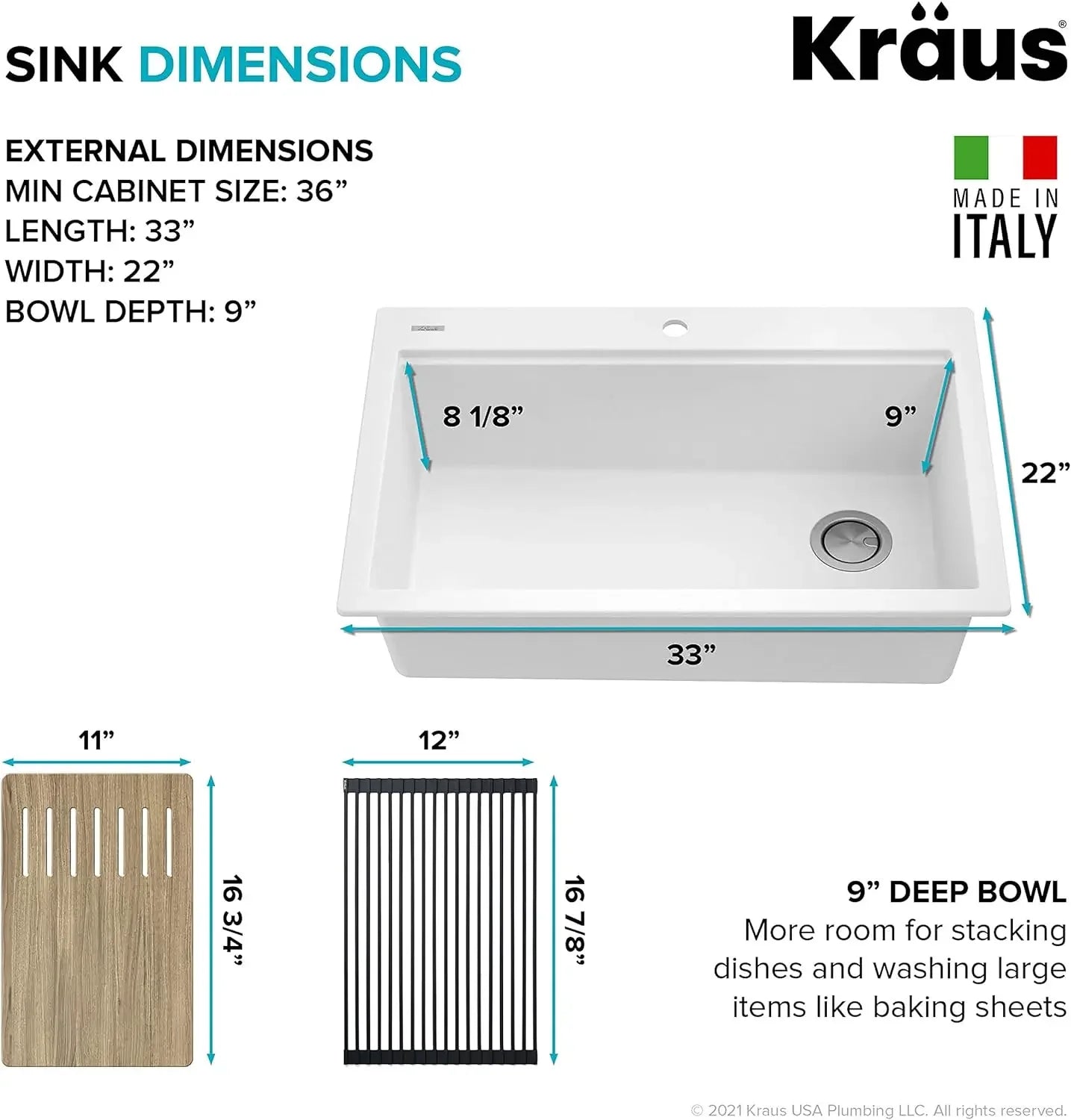 KGTW1-33WH Bellucci Composite Single Bowl Drop-In Kitchen Sink with Accessories, White